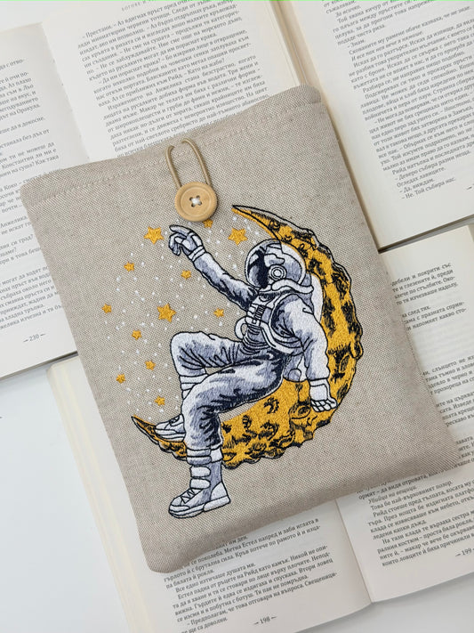 Embroidered Astronaut Book Sleeve – Padded Linen Book Cover, Cosmic Moon & Stars Design by Lullaby Crafts World