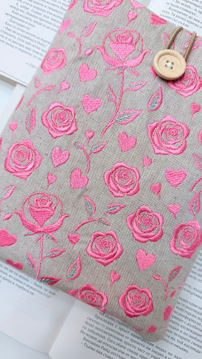Pink Embroidery Roses Book Sleeve – Handmade Padded Linen Cover for Books and E-Readers