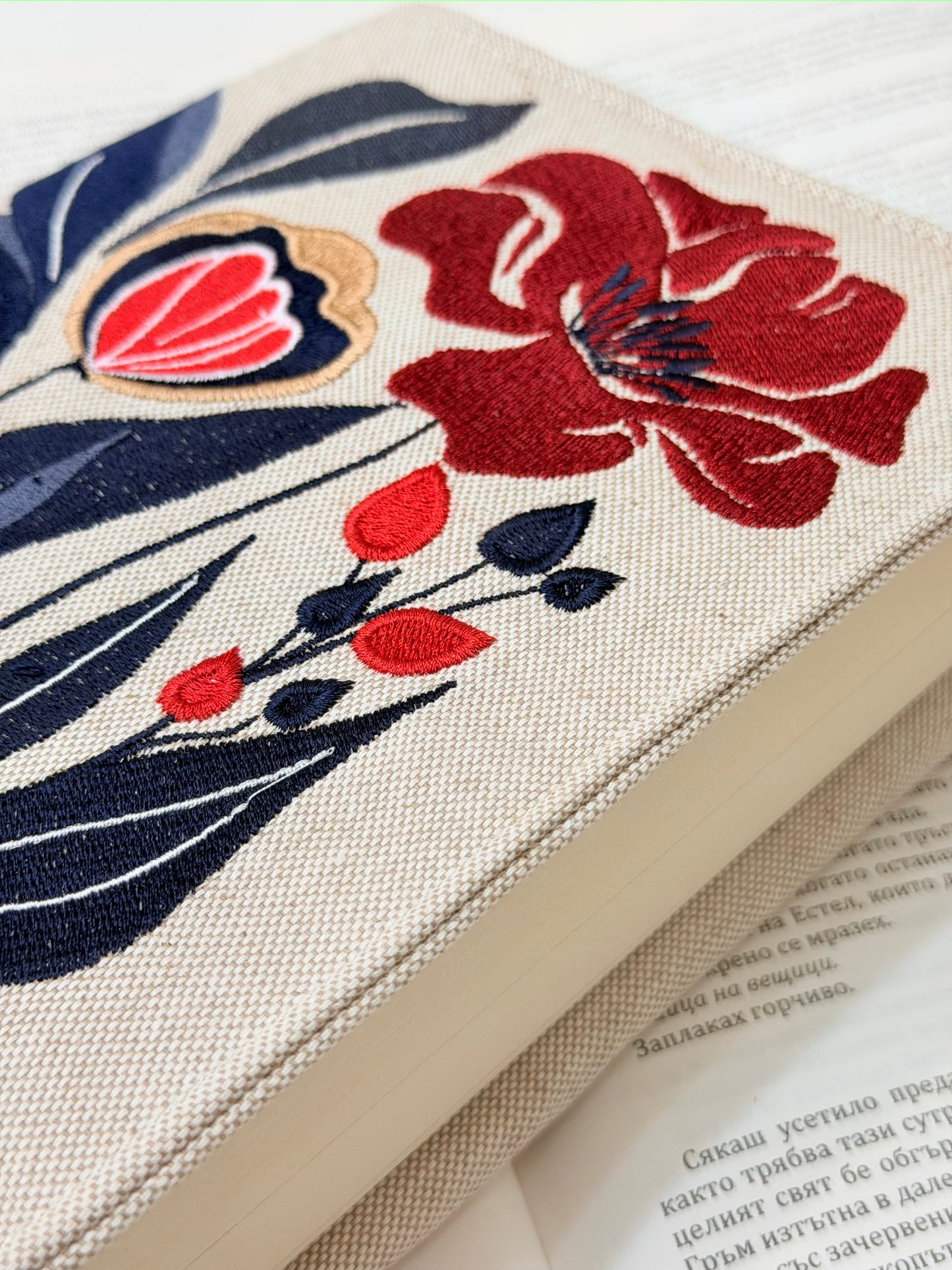 Embroidery Elegant Flower Adjustable Book Cover – Floral Handmade Padded Book Sleeve with Elastic Closure