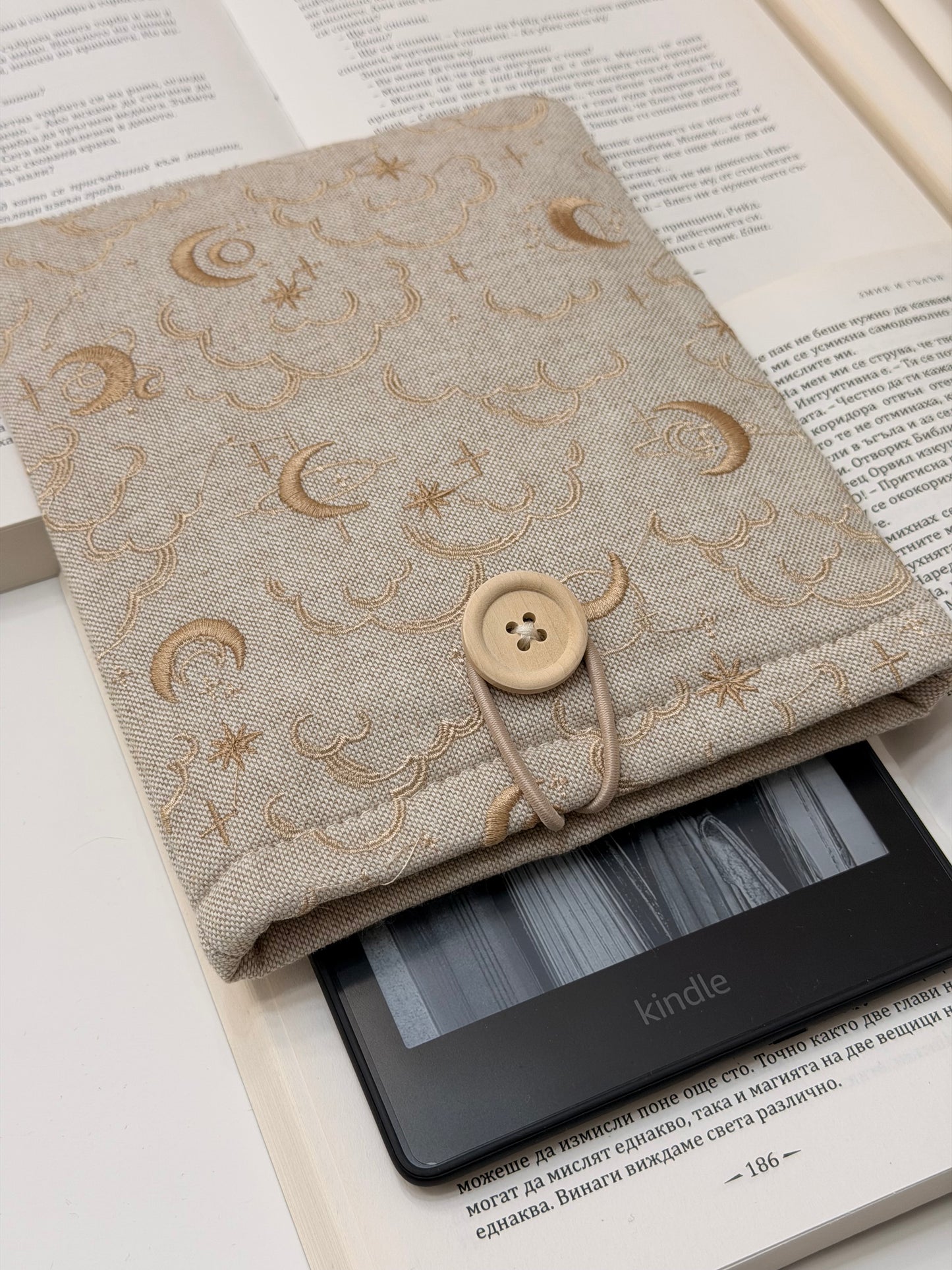 Embroidery Celestial Kindle Sleeve, Moon and Stars Padded E-Reader Cover | Handmade Book Sleeve by Lullaby Crafts World