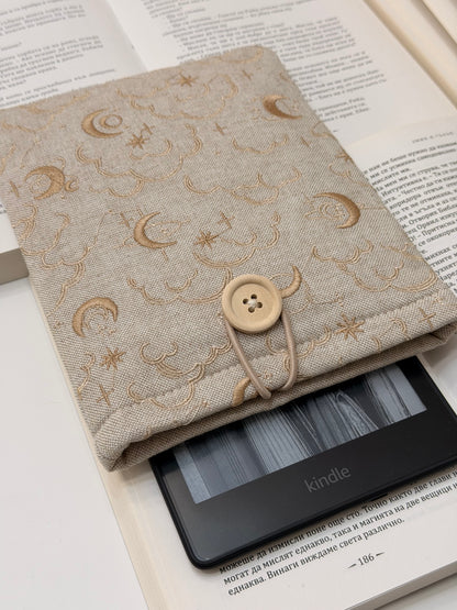 Embroidery Celestial Kindle Sleeve, Moon and Stars Padded E-Reader Cover | Handmade Book Sleeve by Lullaby Crafts World