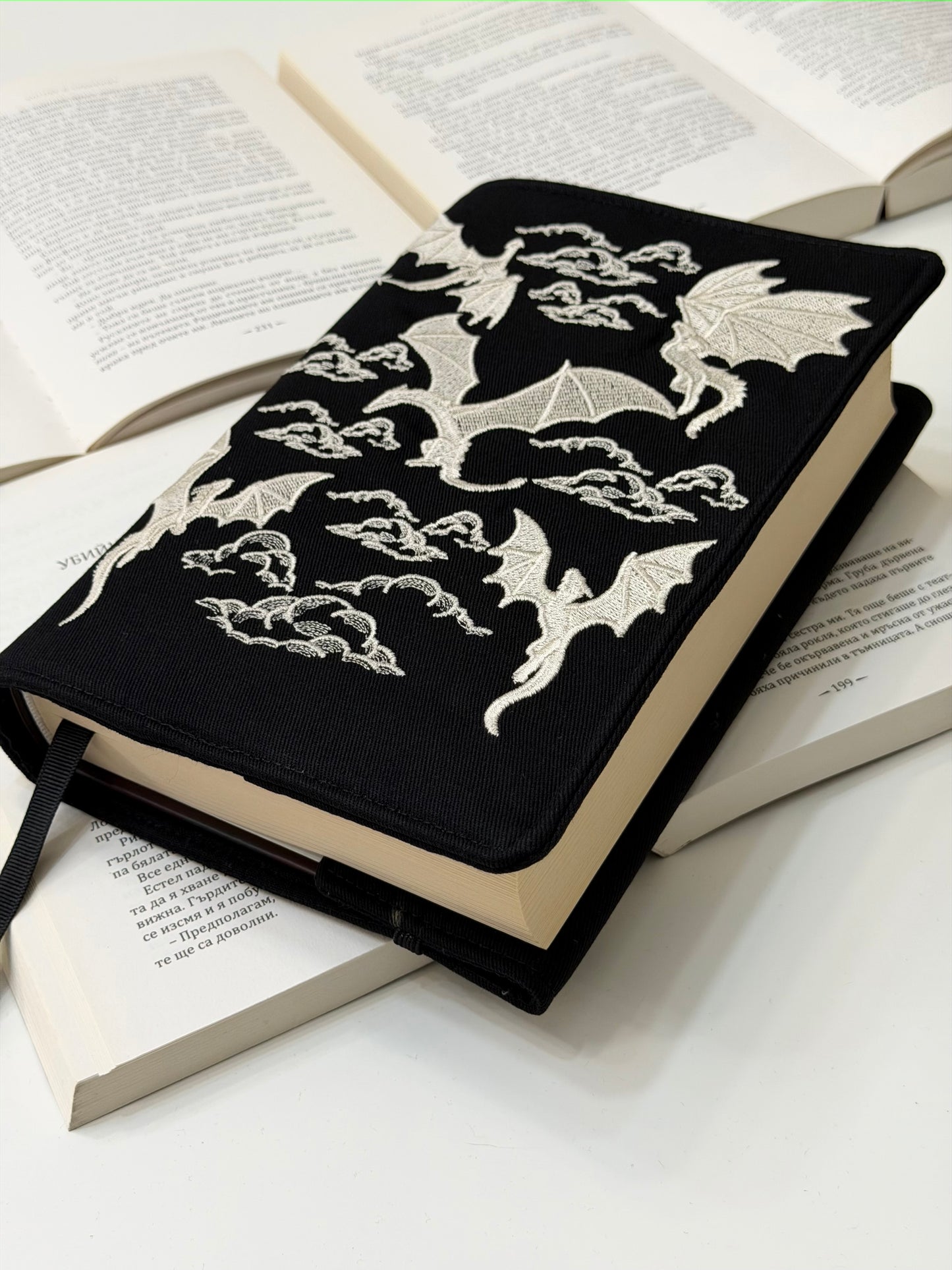 Embroidery Dragons Adjustable Book Cover – Handmade Padded Fantasy Book Sleeve