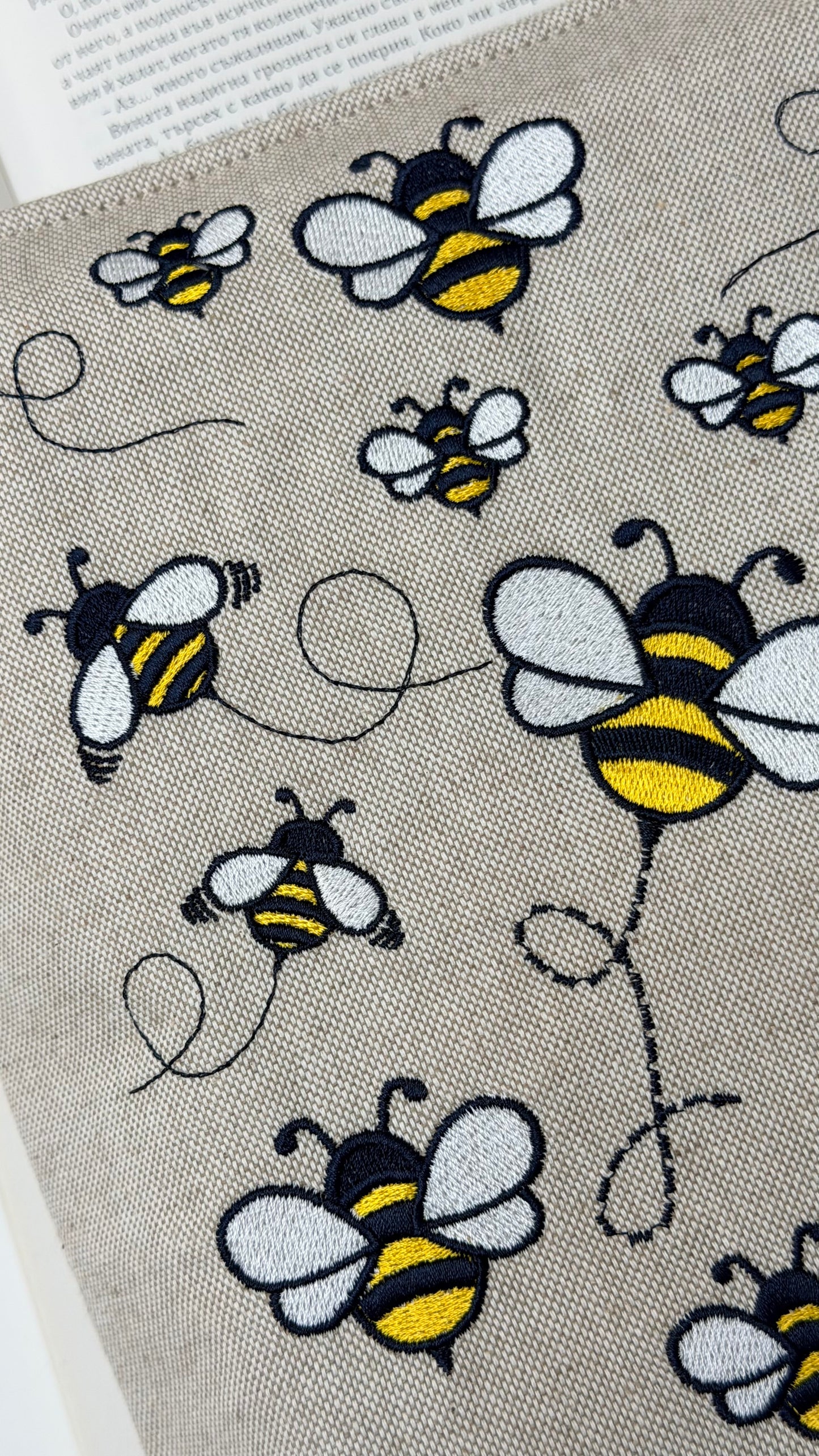 Embroidery Bumblebee Double Book Cover – Handmade Padded Sleeve for Two Books with Elastic Closure