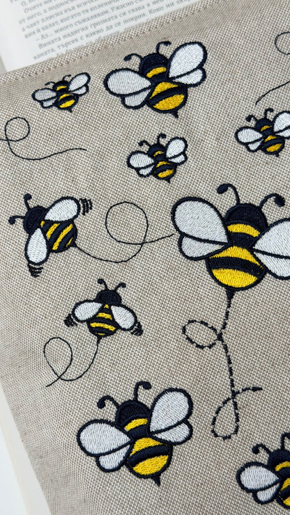 Embroidery Bumblebee Double Book Cover – Handmade Padded Sleeve for Two Books with Elastic Closure