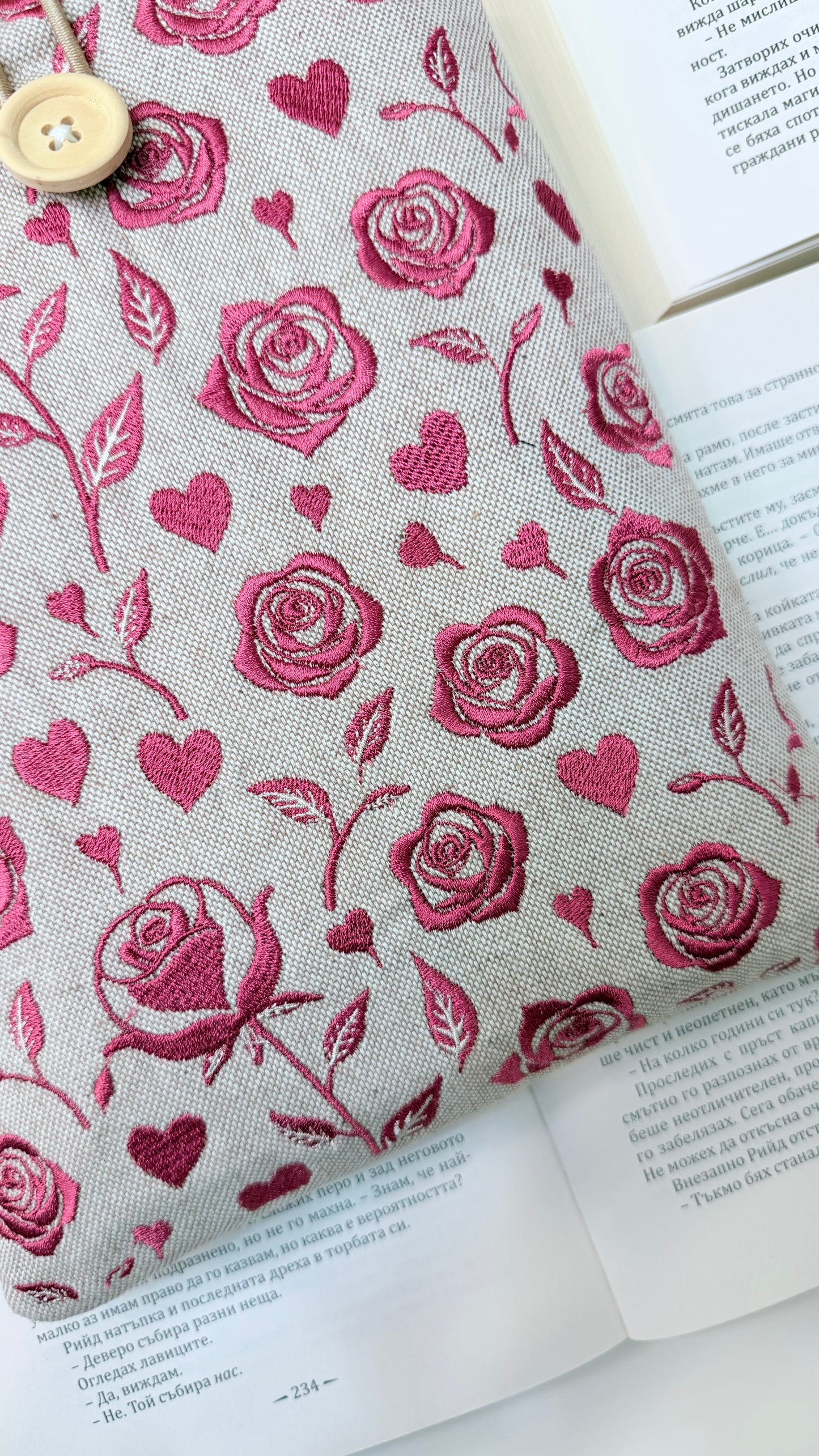 Embroidery Roses Book Sleeve – Handmade Padded Linen Cover for Books and E-Readers