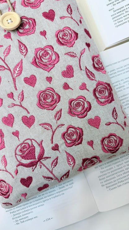 Embroidery Roses Book Sleeve – Handmade Padded Linen Cover for Books and E-Readers