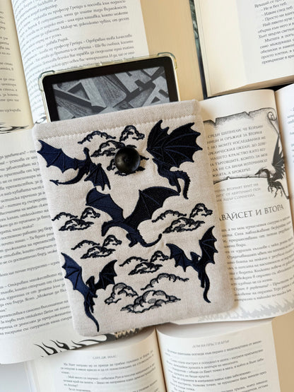Handmade Embroidery Dragons Kindle Sleeve – Padded E-Reader Cover, Fabric Book Protector