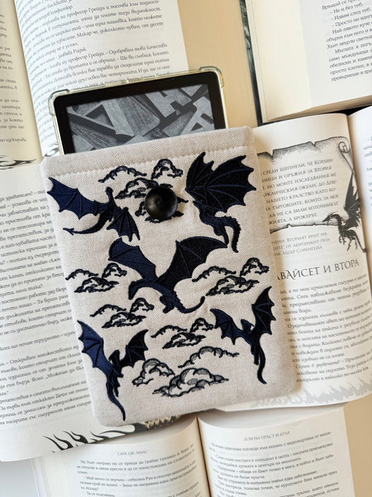 Handmade Embroidery Dragons Kindle Sleeve – Padded E-Reader Cover, Fabric Book Protector