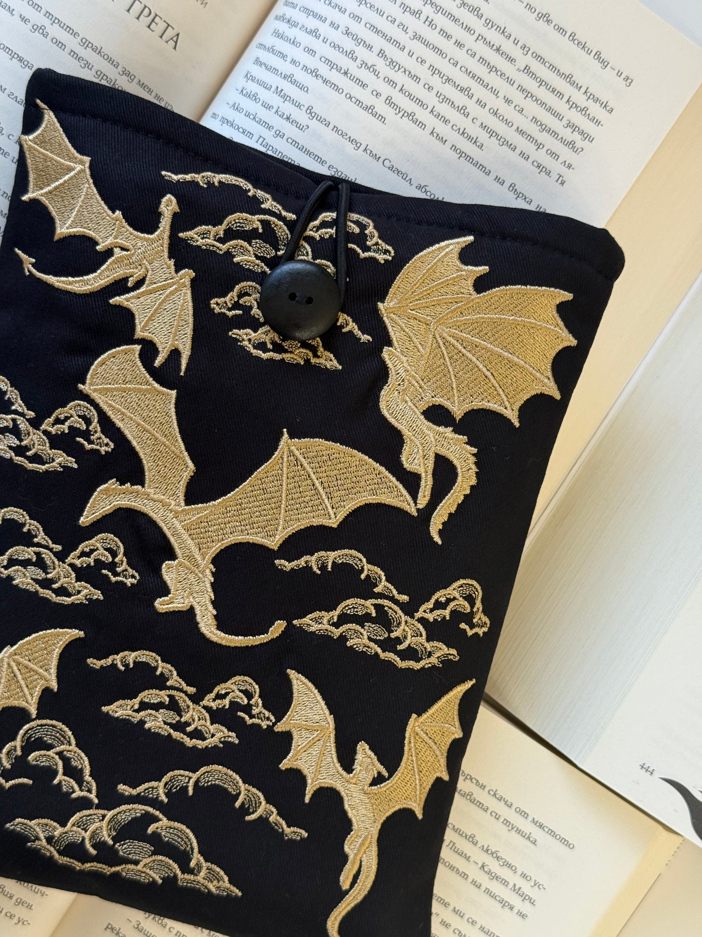 Handmade Gold Embroidery Dragons Book Sleeve – Padded Fabric Cover for Books, Kindle & E-Readers