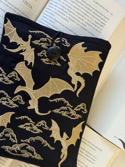 Handmade Gold Embroidery Dragons Book Sleeve – Padded Fabric Cover for Books, Kindle & E-Readers