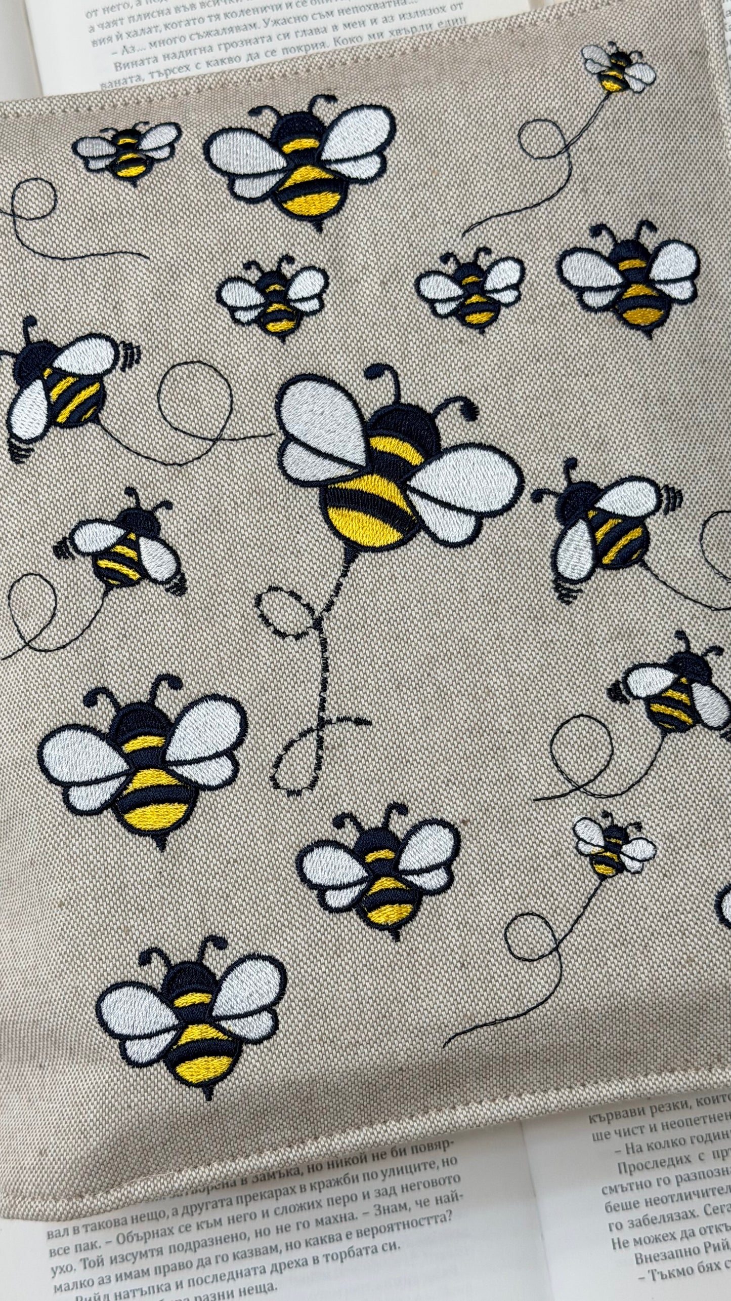 Embroidery Bumblebee Double Book Cover – Handmade Padded Sleeve for Two Books with Elastic Closure