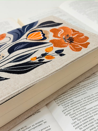 Embroidery Flower Adjustable Book Cover – Floral Handmade Padded Book Sleeve with Elastic Closure