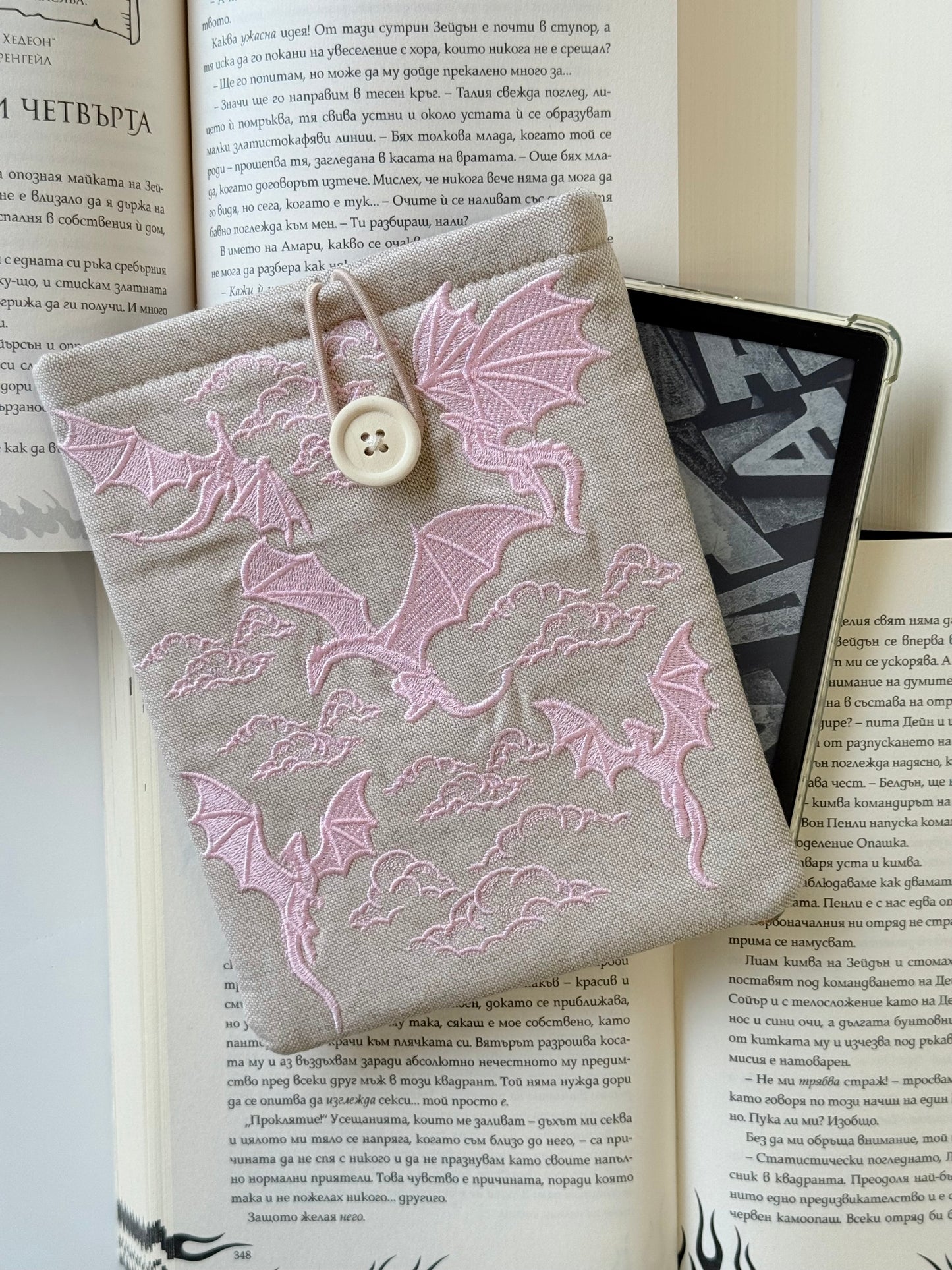 Handmade Pink Linen Embroidery Dragons Kindle Sleeve – Padded E-Reader Cover, Fabric Book Protector