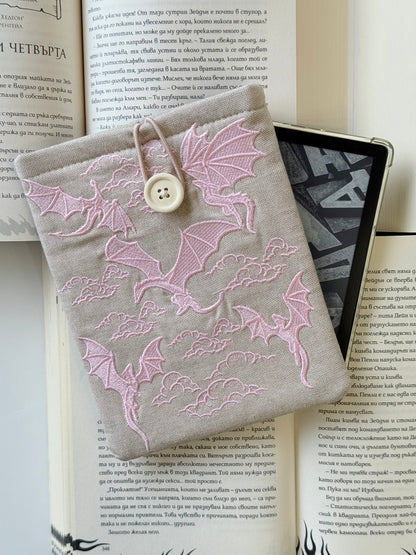 Handmade Pink Linen Embroidery Dragons Kindle Sleeve – Padded E-Reader Cover, Fabric Book Protector