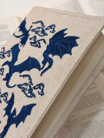 Embroidery Dragons Adjustable Book Cover – Handmade Padded Linen Sleeve with Elastic Closure