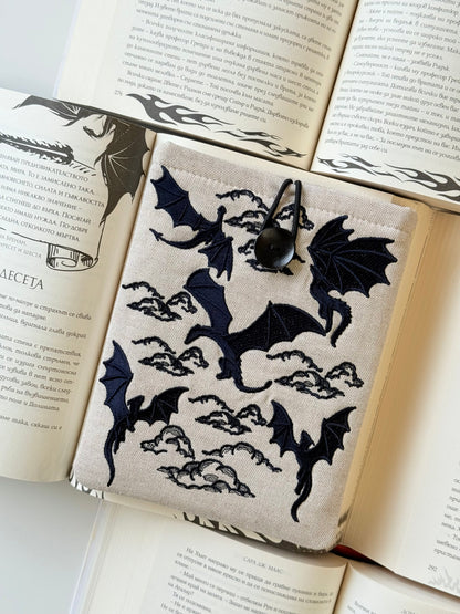 Handmade Linen Embroidery Dragons Kindle Sleeve – Padded E-Reader Cover, Fabric Book Protector