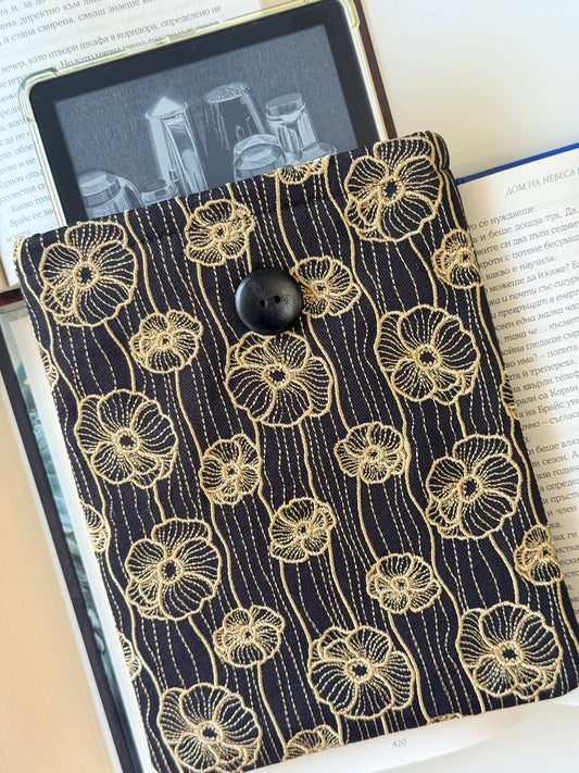 Handmade Gold Embroidery Poppy Flower Kindle Sleeve – Padded E-Reader Protector, Floral Book Cover