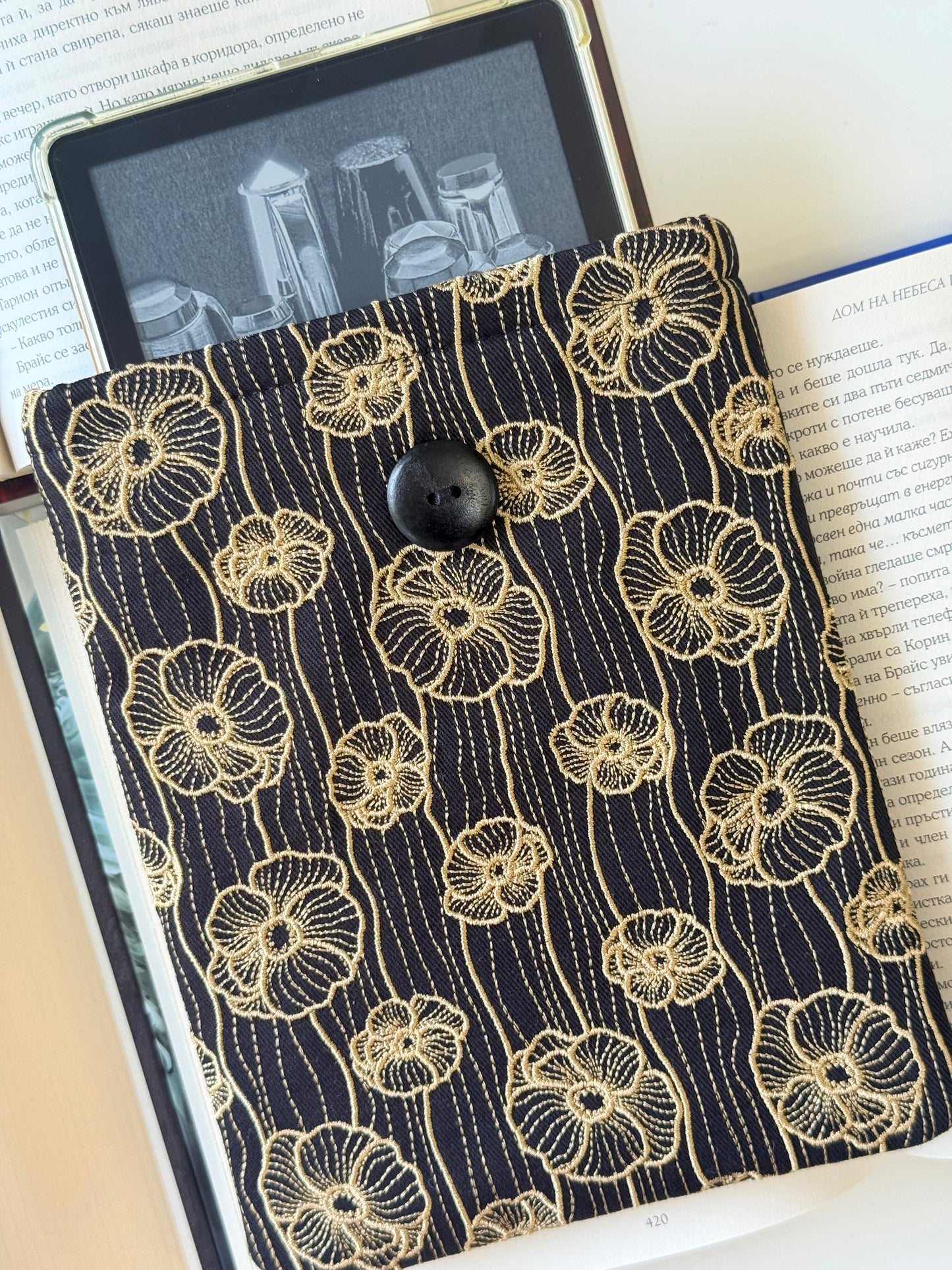 Handmade Gold Embroidery Poppy Flower Kindle Sleeve – Padded E-Reader Protector, Floral Book Cover