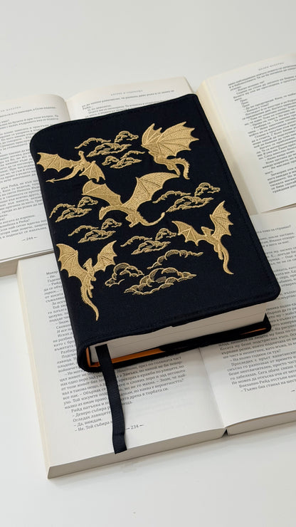 Embroidery Gold Dragons Adjustable Book Cover – Handmade Padded Linen Sleeve with Elastic Closure
