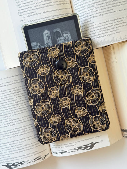 Handmade Gold Embroidery Poppy Flower Kindle Sleeve – Padded E-Reader Protector, Floral Book Cover
