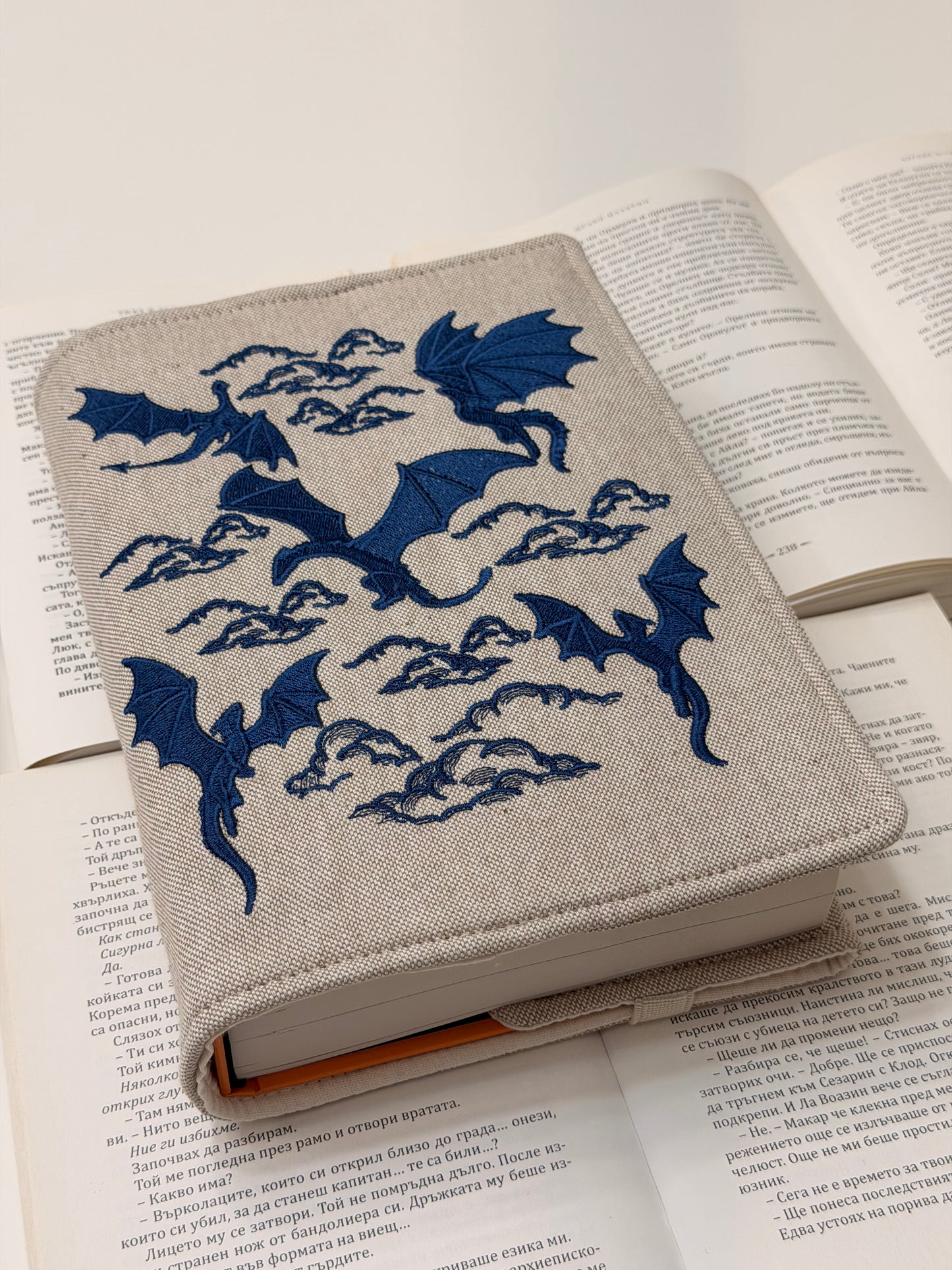 Embroidery Dragons Adjustable Book Cover – Handmade Padded Linen Sleeve with Elastic Closure