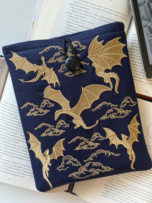 Handmade Gold Embroidery Dragons Book Sleeve – Padded Fabric Cover for Books, Kindle & E-Readers