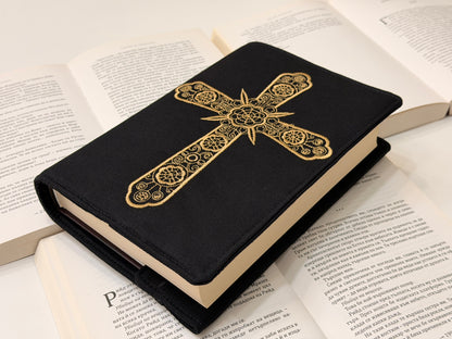 Embroidered Cross Bible Cover – Padded Linen Bible Sleeve, Christian Gift, Protective Bible Case by Lullaby Crafts World