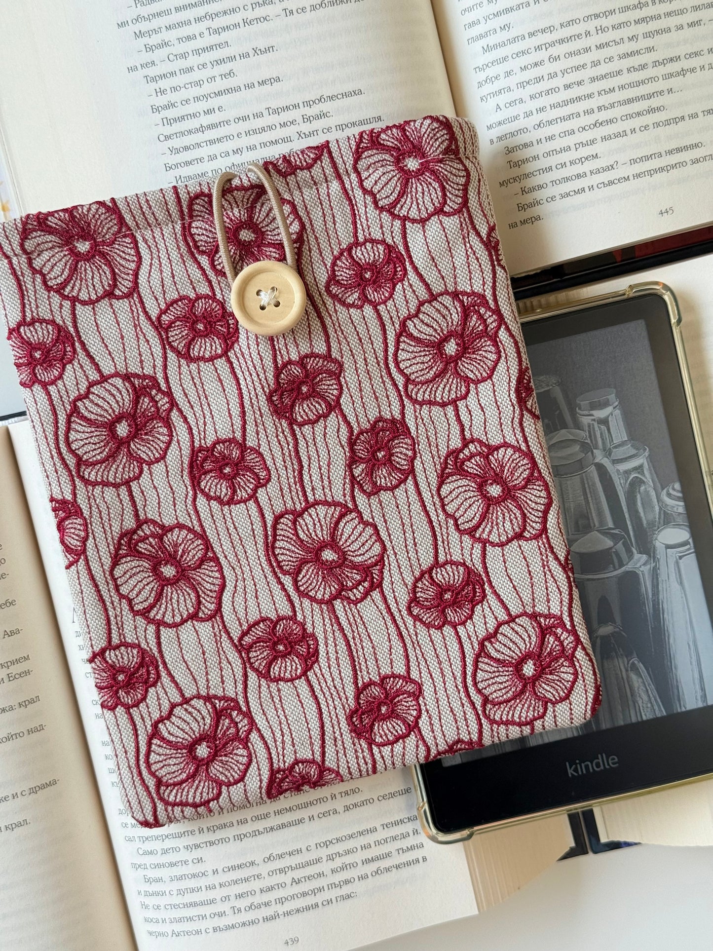 Handmade Dark Red Embroidery Poppy Flower Kindle Sleeve – Padded E-Reader Protector, Floral Book Cover