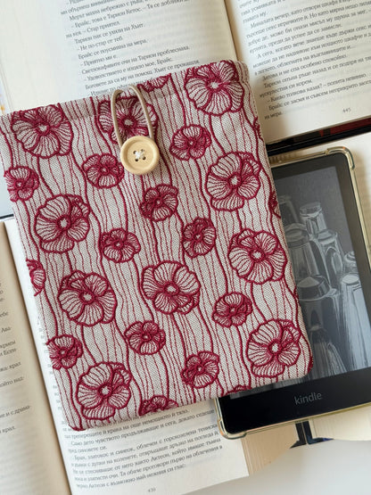 Handmade Dark Red Embroidery Poppy Flower Kindle Sleeve – Padded E-Reader Protector, Floral Book Cover