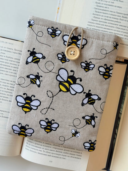 Embroidery Bumblebee Kindle Sleeve, Handmade Padded E-Reader Cover, Bee Pattern Book Protector