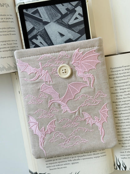 Handmade Pink Linen Embroidery Dragons Kindle Sleeve – Padded E-Reader Cover, Fabric Book Protector