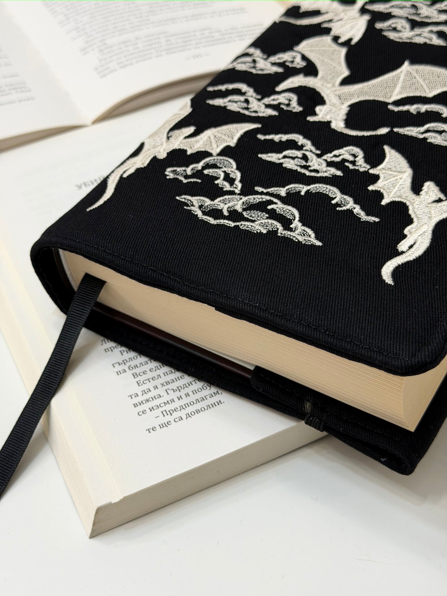 Embroidery Dragons Adjustable Book Cover – Handmade Padded Fantasy Book Sleeve