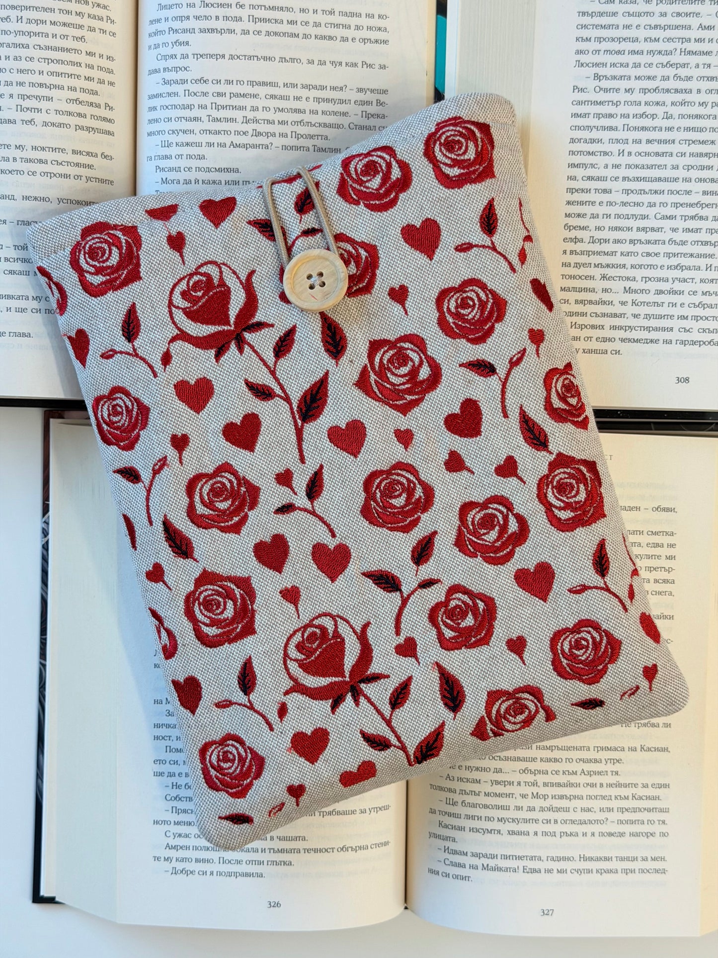 Handmade Embroidery Red Roses Book Sleeve, Fabric Book Protector