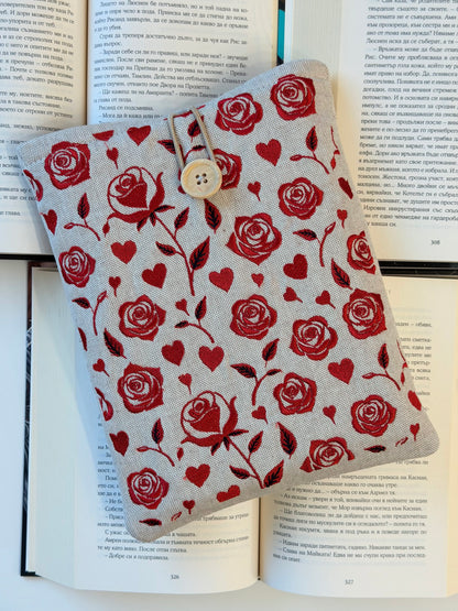 Handmade Embroidery Red Roses Book Sleeve, Fabric Book Protector