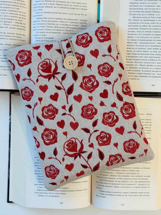 Handmade Embroidery Red Roses Book Sleeve, Fabric Book Protector