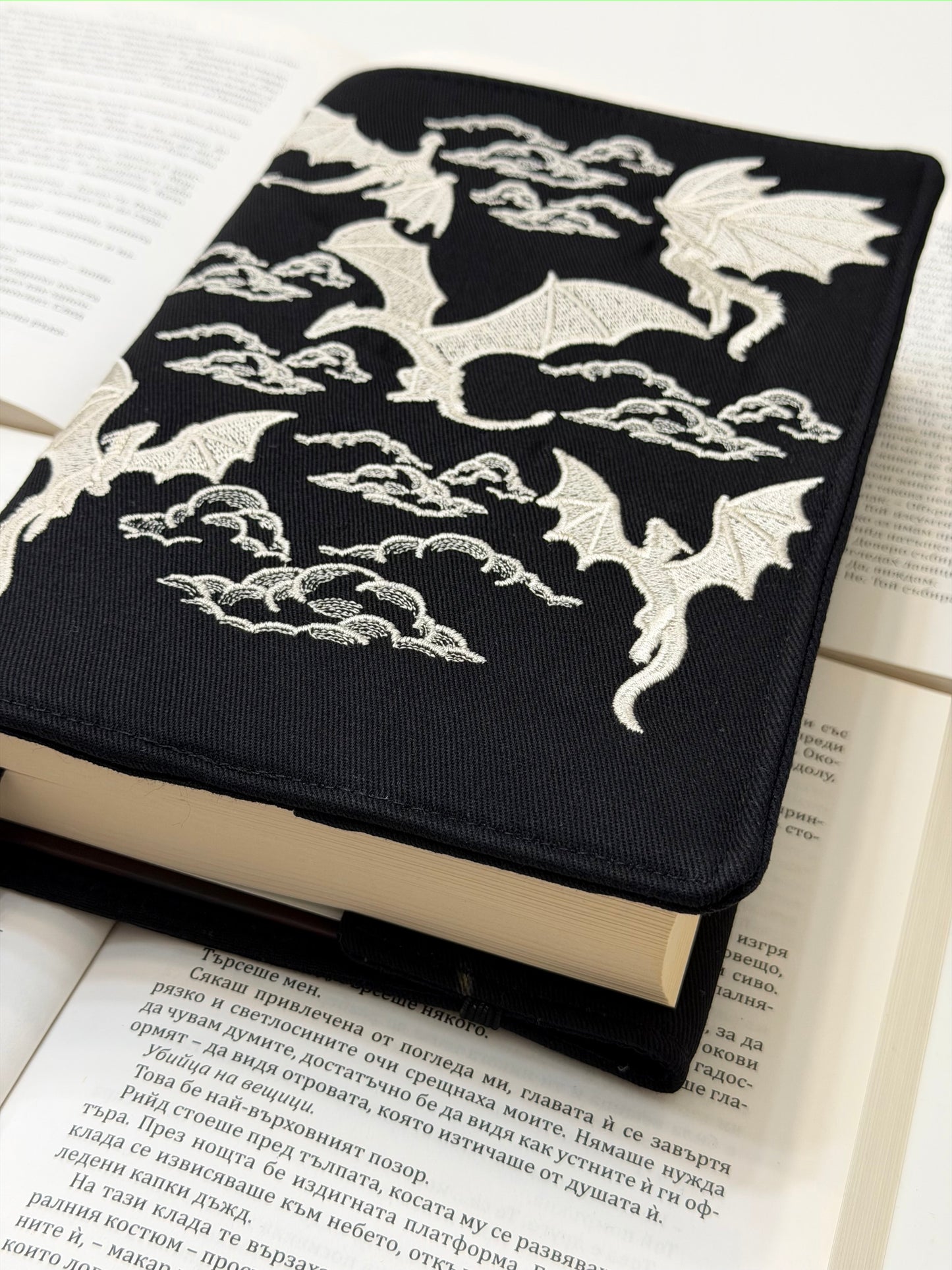 Embroidery Dragons Adjustable Book Cover – Handmade Padded Fantasy Book Sleeve