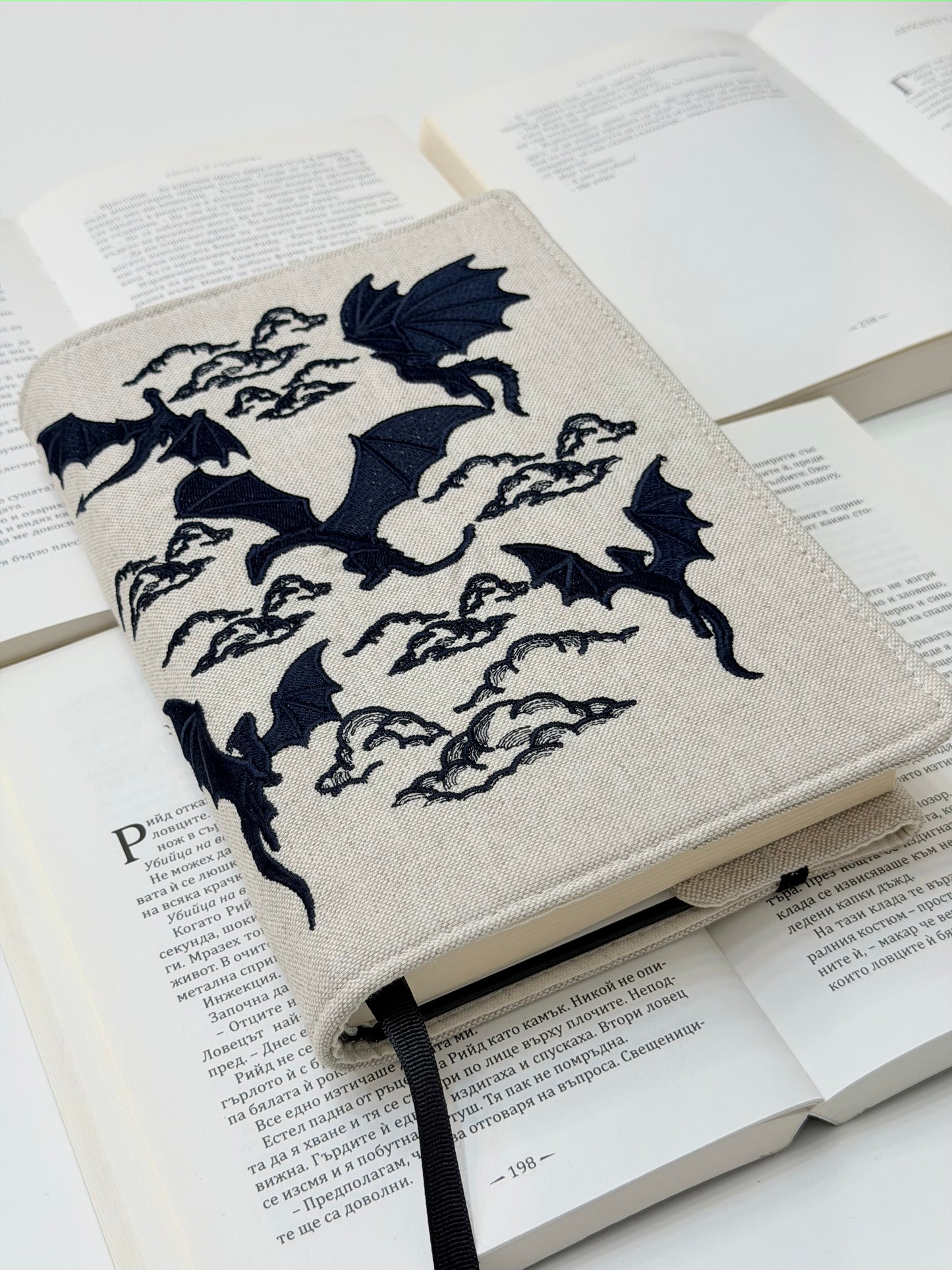 Dragons Embroidery Adjustable Book Cover – Handmade Padded Fantasy Book Sleeve