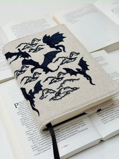 Dragons Embroidery Adjustable Book Cover – Handmade Padded Fantasy Book Sleeve