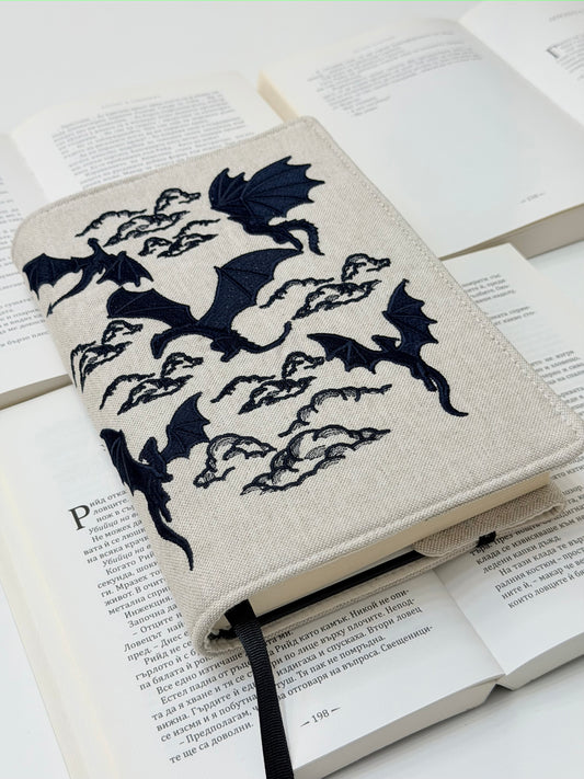 Dragons Embroidery Adjustable Book Cover – Handmade Padded Fantasy Book Sleeve