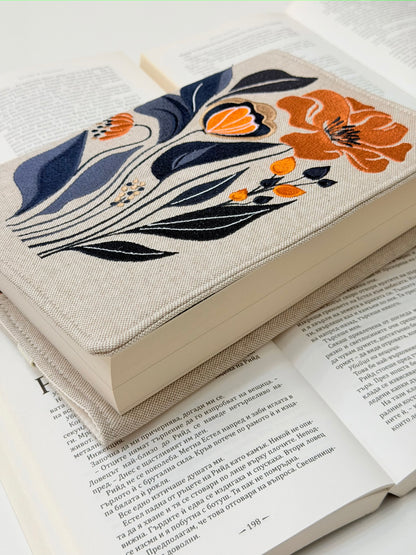 Embroidery Flower Adjustable Book Cover – Floral Handmade Padded Book Sleeve with Elastic Closure