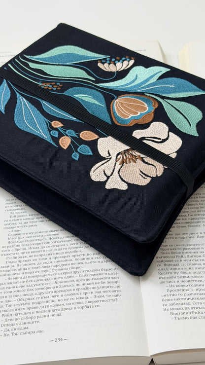 Embroidery Elegant Flower Double Book Cover – Handmade Elastic Closure Sleeve for Two Books