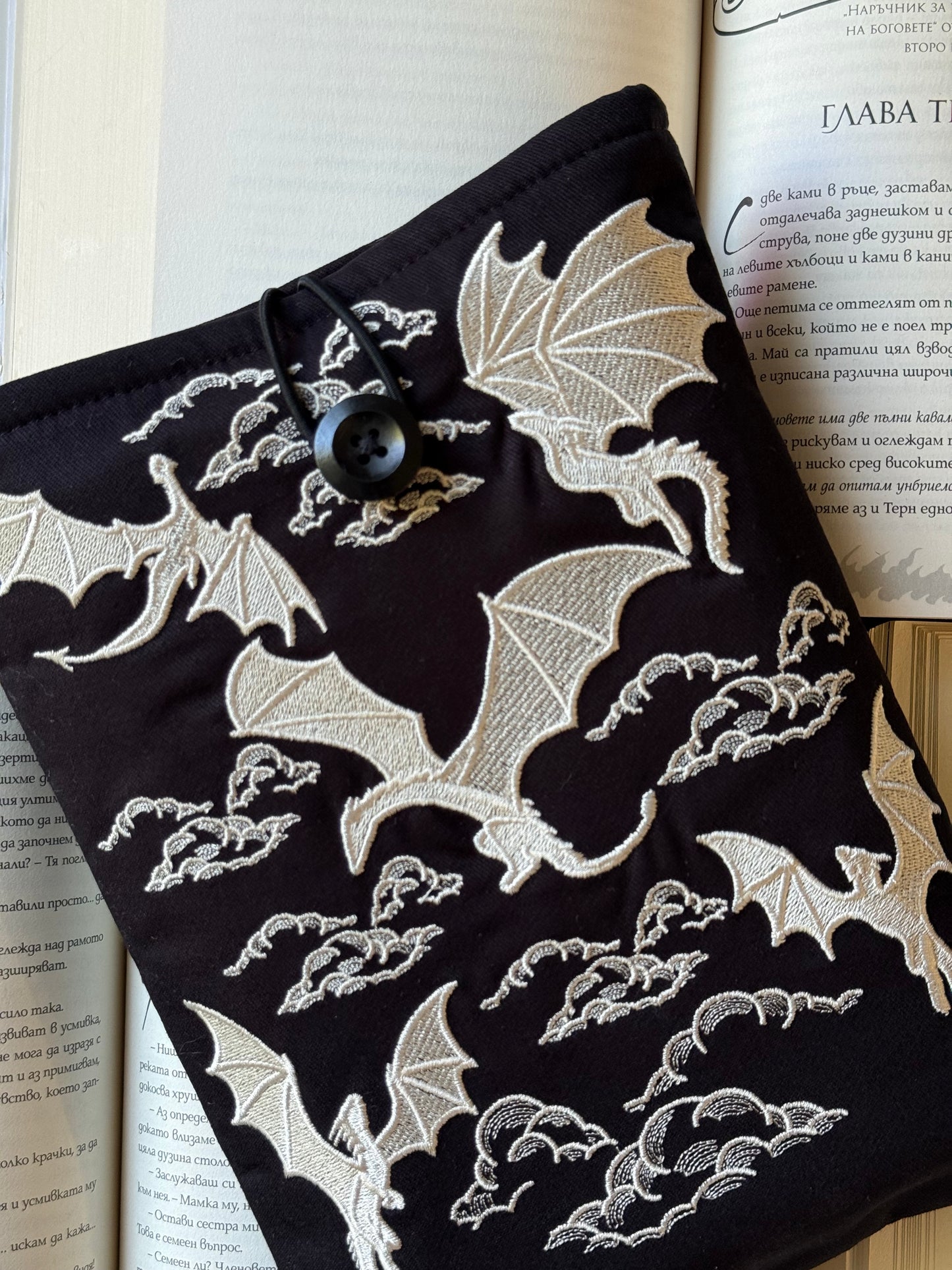 Handmade Gold Embroidery Dragons Book Sleeve – Fantasy Padded Fabric Cover for Books, Kindle & E-Readers