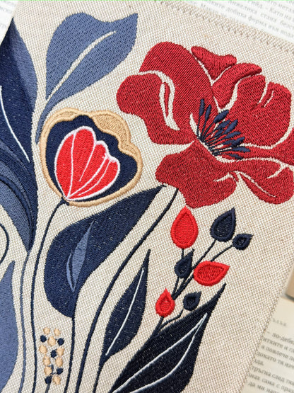 Embroidery Elegant Flower Adjustable Book Cover – Floral Handmade Padded Book Sleeve with Elastic Closure