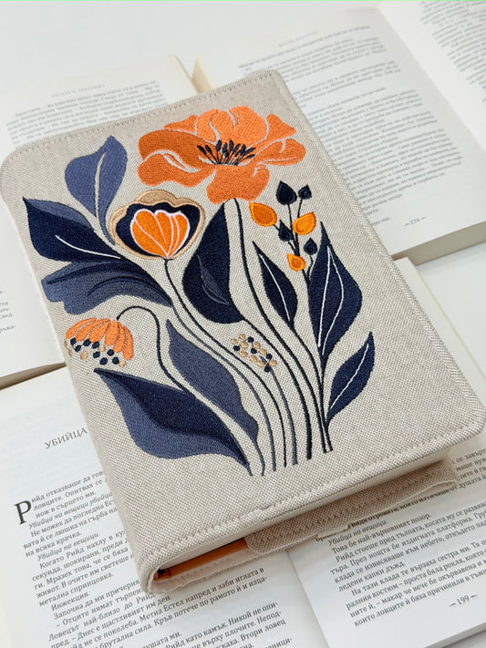 Embroidery Flower Adjustable Book Cover – Floral Handmade Padded Book Sleeve with Elastic Closure