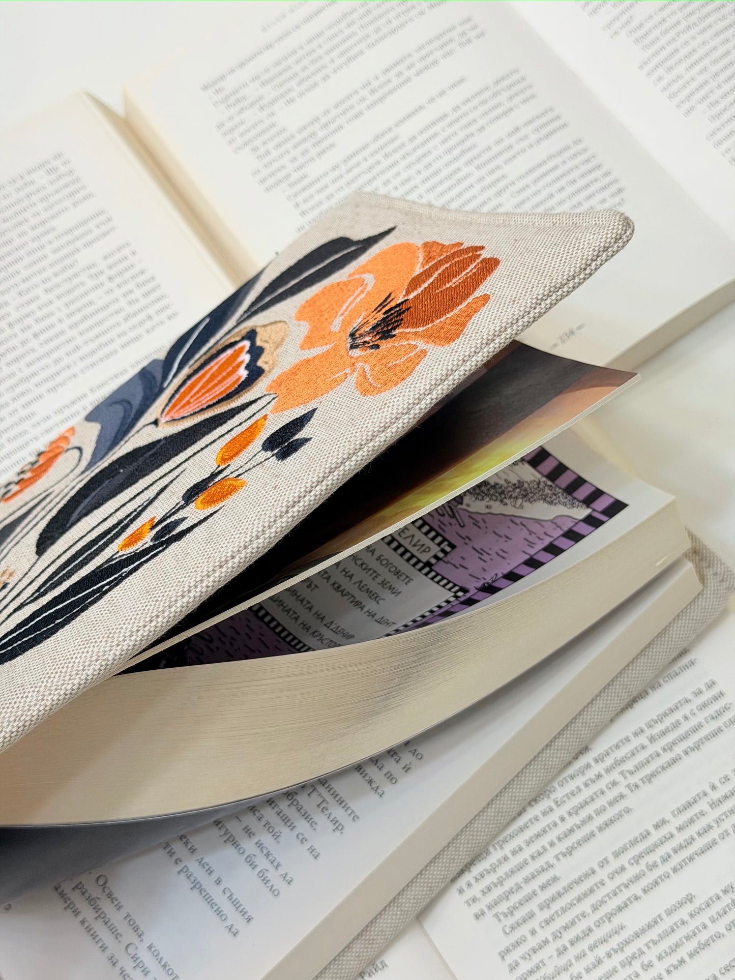 Embroidery Flower Adjustable Book Cover – Floral Handmade Padded Book Sleeve with Elastic Closure