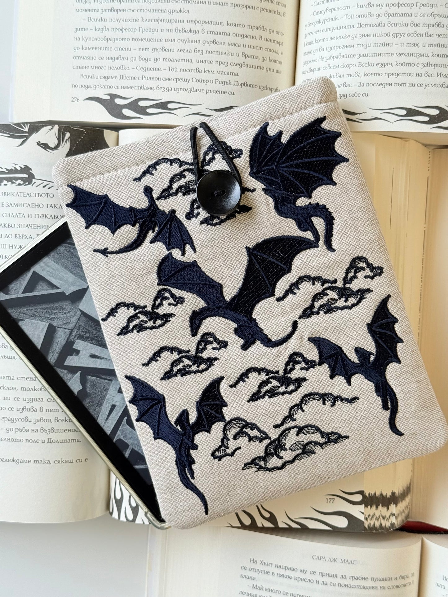 Handmade Embroidery Dragons Kindle Sleeve – Padded E-Reader Cover, Fabric Book Protector