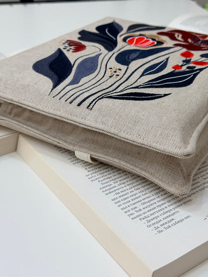 Embroidery Flower Double Book Cover – Handmade Elastic Closure Sleeve for Two Books