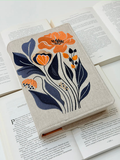 Embroidery Flower Adjustable Book Cover – Floral Handmade Padded Book Sleeve with Elastic Closure