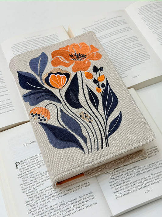 Embroidery Flower Adjustable Book Cover – Floral Handmade Padded Book Sleeve with Elastic Closure