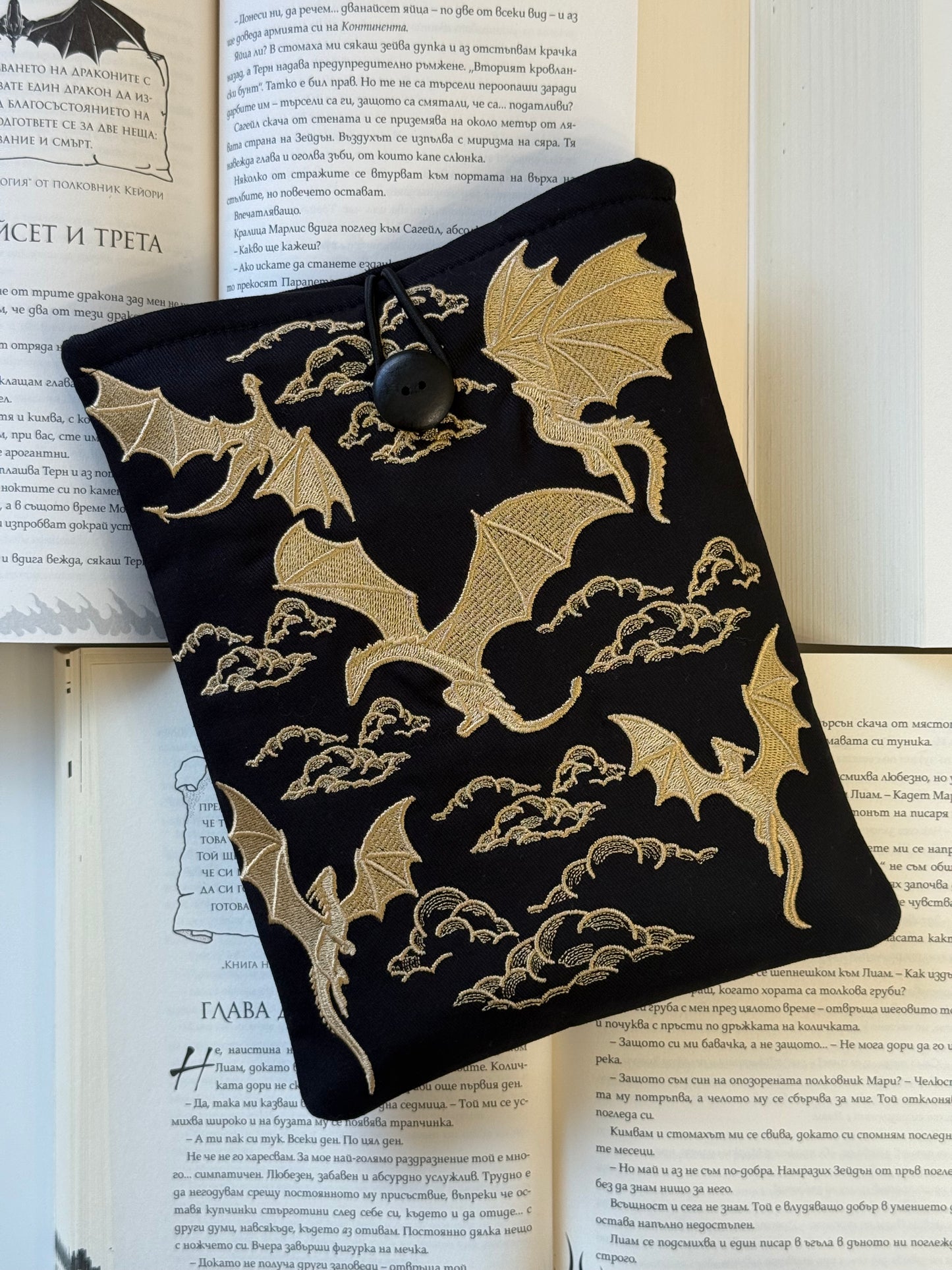 Handmade Gold Embroidery Dragons Book Sleeve – Padded Fabric Cover for Books, Kindle & E-Readers